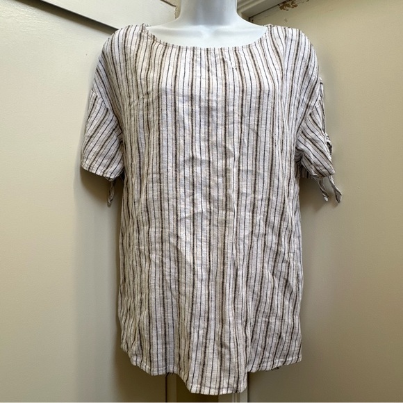 Ellen Tracy Linen Blend Cream Beige and Black Striped Blouse - Picture 1 of 6